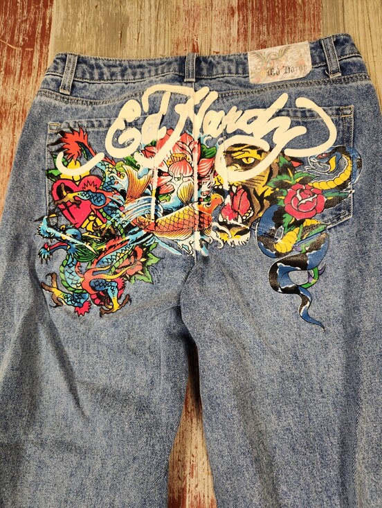 Ed Hardy Denim - Ed Hardy Dragon Koi Tiger Tattoo Graphic Baggy Wide Leg Jeans Size 30